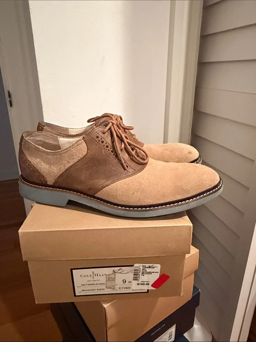 Cole Haan Men’s Tan and Brown Suede Wingtip Derby Oxfords